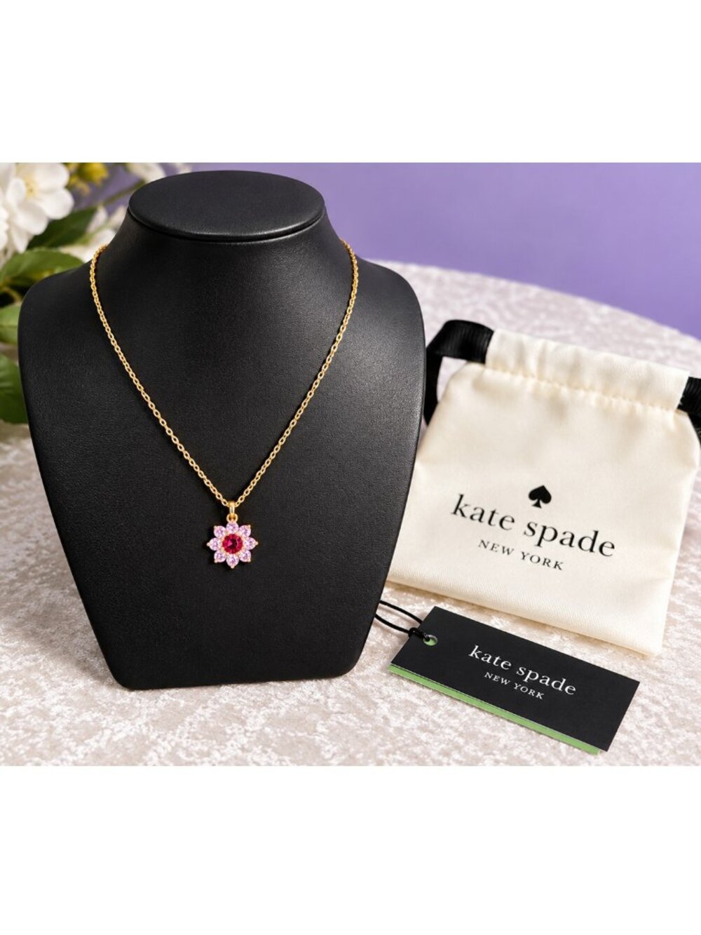 Kate Spade New York Gold-Tone Pink Crystal Flower Pendant Necklace NWT